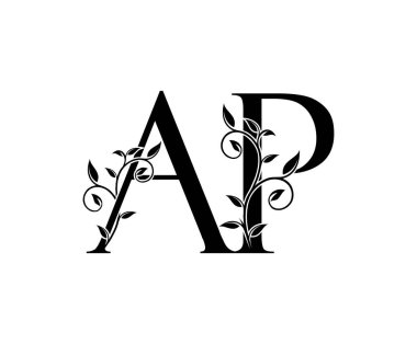 AP Lüks logo simgesi, klasik lüks vektör tasarımı kavramı. Çiçek yapraklı altın renkli alfabe harfi. Lüks işletmeler için..