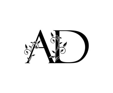 Klas Floral AD Harf Logosu, klasik lüks vektör tasarımı konsepti. Çiçek yapraklı altın renkli alfabe harfi. Lüks işler için..