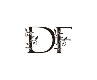 Klas Floral DF Harf Logosu, klasik lüks vektör tasarımı kavramı. Çiçek yapraklı altın renkli alfabe harfi. Lüks işletmeler için..