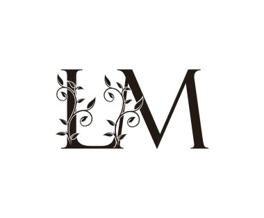 Klas Floral LM Harf Logosu, klasik lüks vektör tasarımı konsepti çiçek yapraklı altın renkli alfabe harfi..