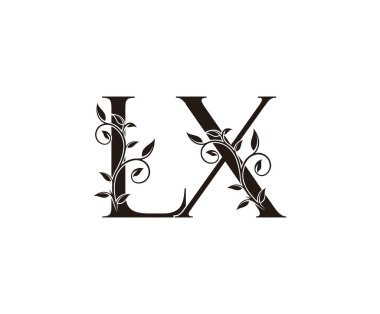 Klas Floral LX Harf Logosu, klasik lüks vektör tasarımı kavramı. Çiçek yapraklı altın renkli alfabe harfi. Lüks işletmeler için..