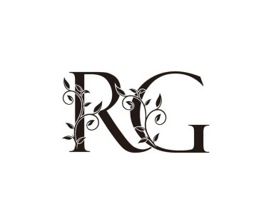 Klas Floral RG Harf Logosu, klasik lüks vektör tasarımı konsepti. Çiçek yapraklı altın renkli alfabe harfi. Lüks işler için..