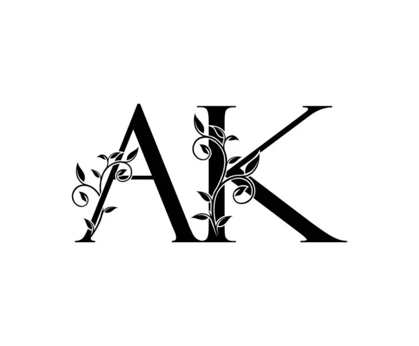 雅致的花香Ak字母标志 老式豪华矢量设计概念字母表字母 花叶金黄色 用于奢侈品业务 — 图库矢量图片