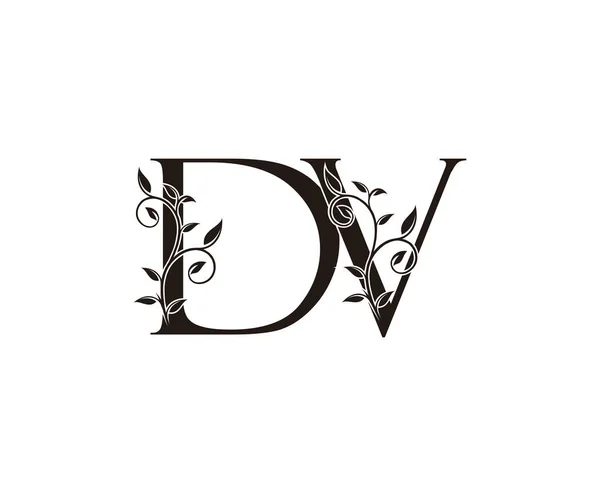 クラシックフローラルDvレターロゴ ヴィンテージラグジュアリーベクトルデザインコンセプトアウトライン高級ビジネスのための花の葉ゴールドカラーアルファベット文字 — ストックベクタ