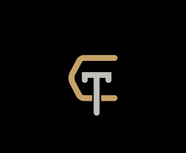 Baş harf C ve T, CT, TC, üst üste binen harf logosu, siyah arkaplanda monogram çizgisi sanat klasiği tarzı