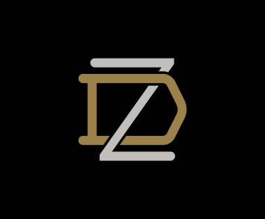 Baş harf D ve Z, DZ, ZD, üst üste binen harf logosu, siyah arkaplanda monogram çizgisi sanat klasiği biçimi