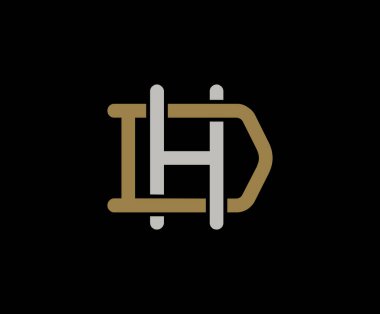 Baş harf D ve H, DH, HD, üst üste binen harf logosu, siyah arkaplan üzerindeki monogram çizgisi sanat klasiği