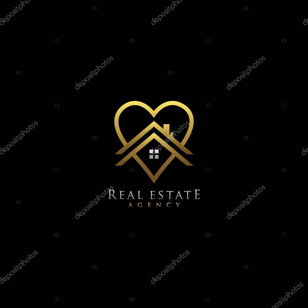 Love Heart Elegant Gold Building Logo, Real Estate Logo Design.