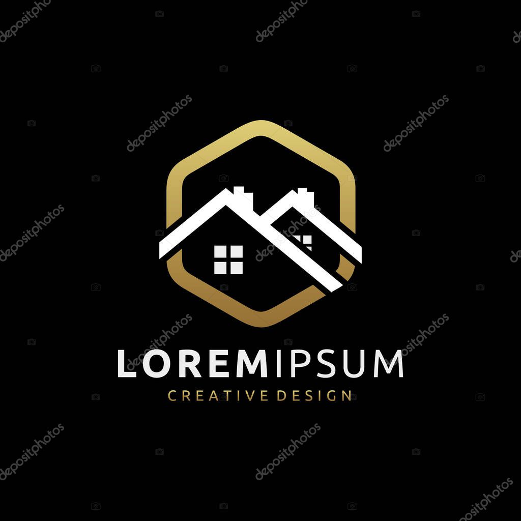 Hexagon Elegant Gold Building Logo, Real Estate Logo Design.
