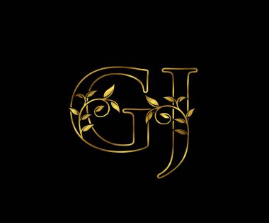 Zarif Altın rengi GJ Harf Çiçeği logosu. Kitap tasarımı için klasik amblem, yabani otlar, marka adı, kartvizit, restoran, butik, otel. 