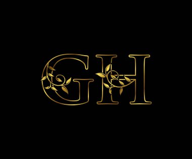 Zarif Gold GH Harf Çiçeği logosu. Kitap tasarımı için klasik amblem, yabani otlar, marka adı, kartvizit, restoran, butik, otel. 