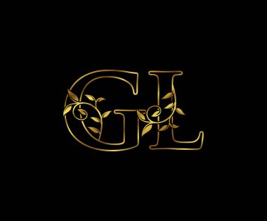 İlk harf GL logo lüks vektör işareti, altın rengi klasik simetrik eğriler dekor.