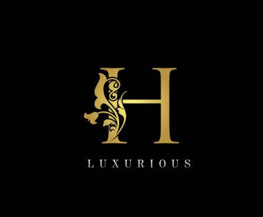 Altın harfli H. Klasik altın çiçek süsü ilk harfler. Alfabe. Logo vektörü