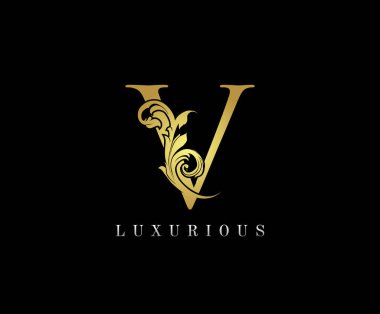 Altın V. Lüks Logo Simgesi, Klas Çiçek V Harf Logosu Tasarımı.