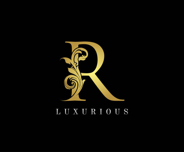 Gold R Luxury Logo Icon, Classy Floral R Letter Logo Design.