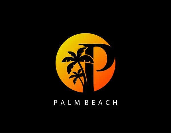 Circle Sunset Palm Beach Letra Logotipo — Archivo Imágenes Vectoriales