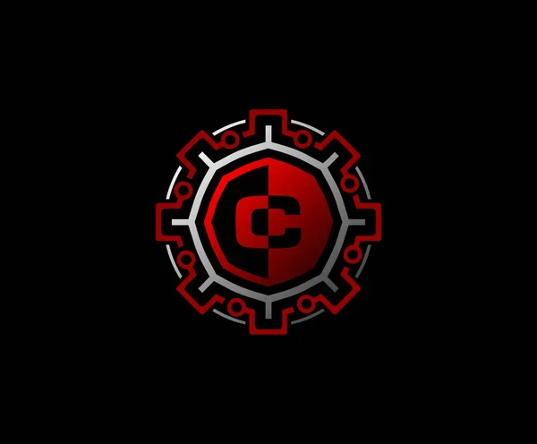 Icône Logo Données Connexion Engrenage Lettre Initial Avec Forme Rouge — Image vectorielle