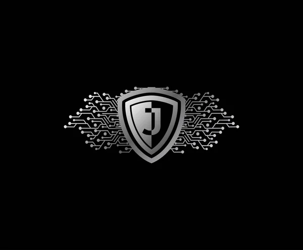 Silver Techno Data Shield Protection Letra Logotipo — Vector de stock