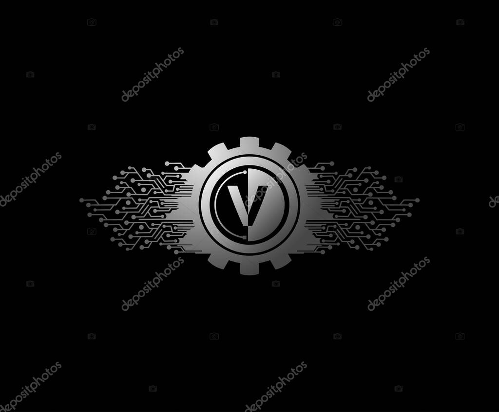 V Letter Digital Data Logo Icon with Silver Gear and Network Line Shape