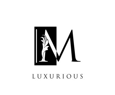 Kare Şekil ve Negatif Boşluklu Zarif Siyah M Vintage Harf Logosu Tasarımı.