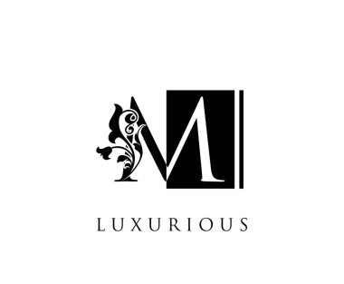 Klas Siyah M Vintage Harf Logosu Tasarımı Kare Şekli ve Negatif Boşluklu.