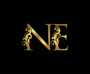 Lüks harf N, E ve NE Vintage Gold Floral Logo Simgesi, üst üste binen monogram logosu, siyah arka planda zarif lüks altın rengi. Klas Harf Logosu Simgesi