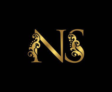 Lüks harf N, S ve NS Klasik Altın Taç Logo Simgesi, üst üste binen monogram logosu, siyah arka planda zarif altın rengi. Klas Harf Logosu Simgesi