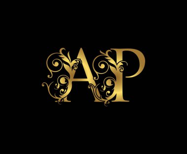 Lüks harf A, P ve AP Klasik Altın Çiçek Logosu, üst üste binen monogram logosu, siyah arka planda zarif lüks altın rengi. CLassy Harf Logosu Simgesi