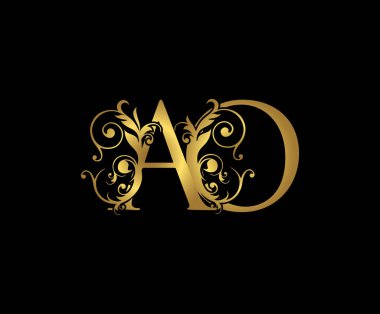 Lüks harf A, O ve AO Klasik Altın Çiçek Logosu, üst üste binen monogram logosu, siyah arka planda zarif lüks altın rengi. CLassy Harf Logosu Simgesi