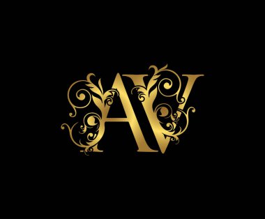 Lüks harf A, V ve AV Klasik Altın Çiçek Logosu, üst üste binen monogram logosu, siyah arka planda zarif lüks altın rengi. CLassy Harf Logosu Simgesi