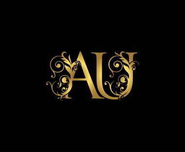 Lüks harf A, U ve AU Vintage Altın Çiçek Logosu, üst üste binen monogram logosu, siyah arka planda zarif altın rengi. CLassy Harf Logosu Simgesi