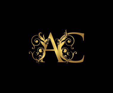 Lüks harf A, C ve AC Klasik Altın Çiçek Logosu, üst üste binen monogram logosu, siyah arka planda zarif altın rengi. CLassy Harf Logosu Simgesi