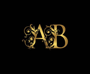 Lüks A, B ve AB Vintage Gold Floral Logo Simgesi, üst üste binen monogram logosu, siyah arka planda zarif lüks altın rengi. CLassy Harf Logosu Simgesi