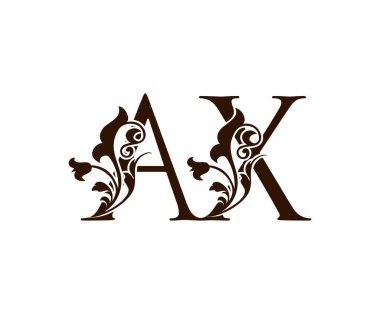 İlk harf A ve X, AX kahverengi klasik dekoratif süs rozeti, üst üste binen monogram logosu, zarif harf logosu