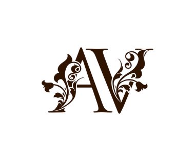 İlk harf A ve V, AV kahverengi klasik dekoratif süs rozeti, üst üste binen monogram logosu, zarif harf logosu simgesi