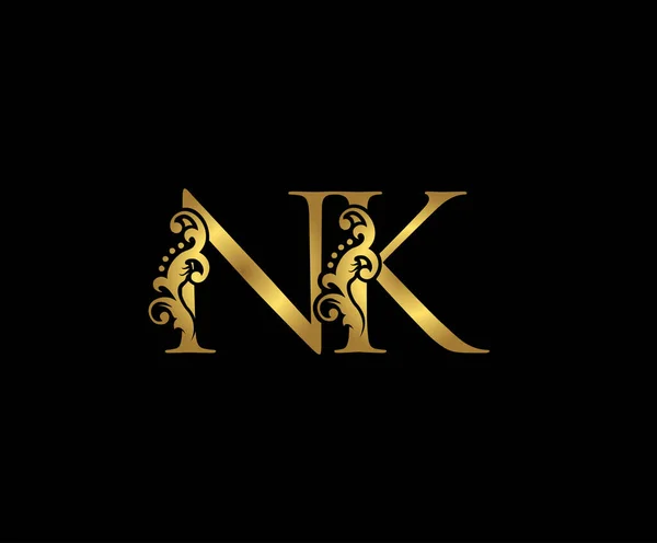 华丽的字母N K和Nk古董金花标志图标 重叠的主题符号 典雅的奢华金色黑色背景 雅致的信标图标 — 图库矢量图片