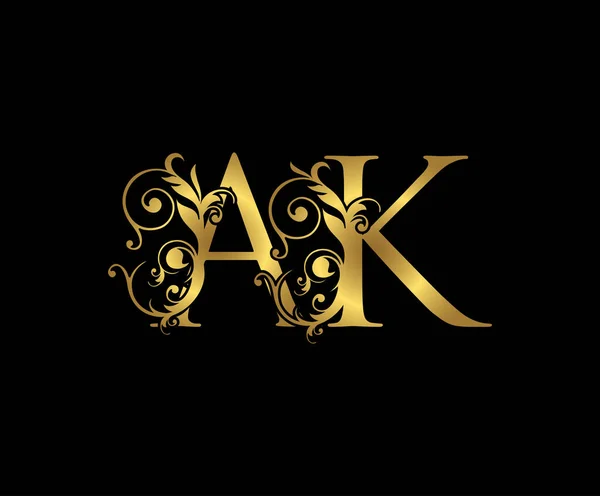 华丽的字母A K和Ak古董金花标志图标 重叠的主题符号 典雅的奢华金色黑色背景 简洁的信标图标 — 图库矢量图片
