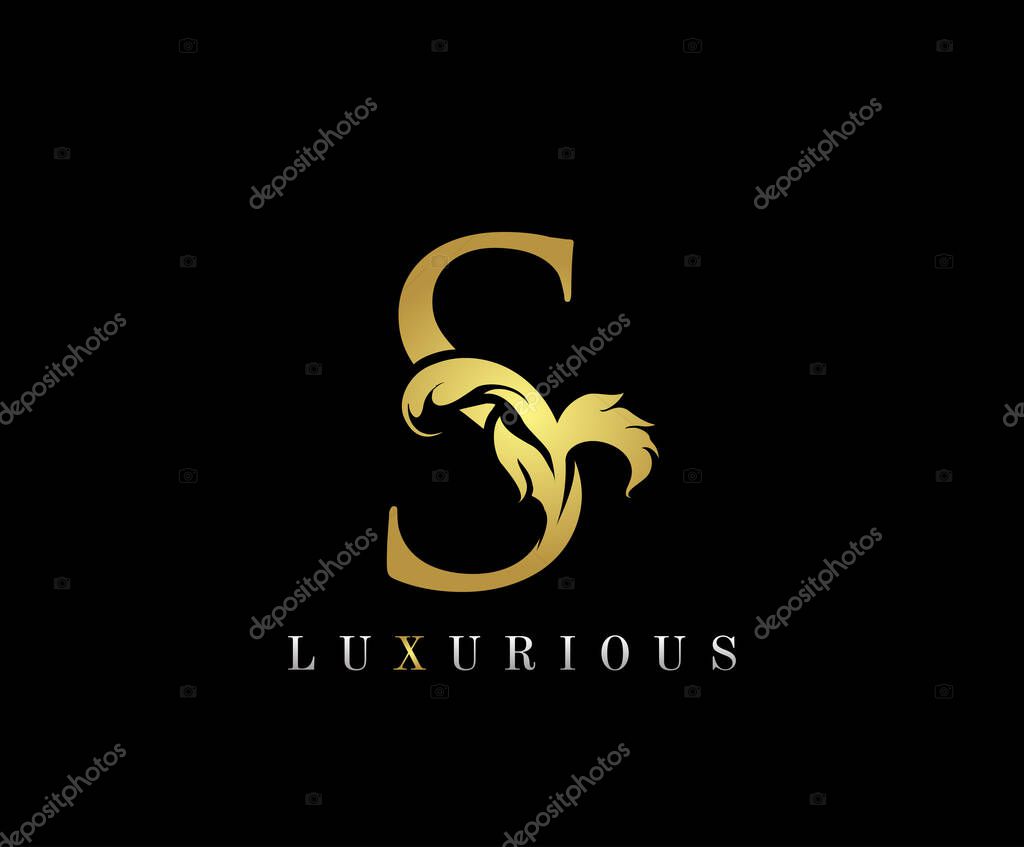 Golden S Floral Logo Icon, Vintage Gold S Letter Logo Design.