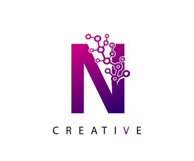 Pembe Mor Renkli Tekno N Harf Logosu ve Ağ Parçacıkları Tasarımı.