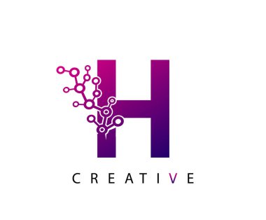 Pembe Mor Renkli Tekno H Harf Logosu ve Ağ Parçacıkları Tasarımı.