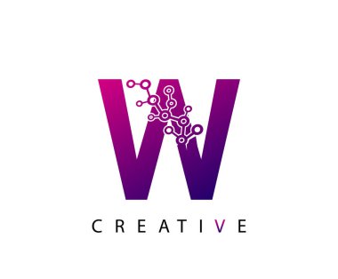 Pembe Mor Renkli Tekno W Harf Logosu ve Ağ Parçacıkları Tasarımı.