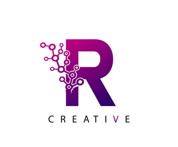 Logo Techno Letra Con Color Púrpura Rosado Partículas Red Diseño — Vector de stock