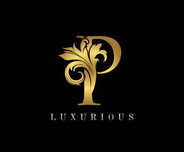 Altın zarafet harfi P. Zarif kraliyet tarzı. Güzel kaligrafik logo. Kitap tasarımı için klasik amblem, yabani otlar, marka adı, kartvizit, restoran, butik, otel.