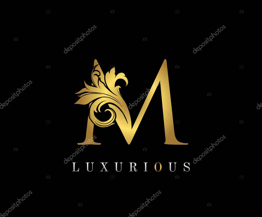 Golden Elegant letter M. Graceful royal style. Calligraphic beautiful logo. Vintage drawn emblem for book design, weeding card, brand name, business card, Restaurant, Boutique, Hotel.