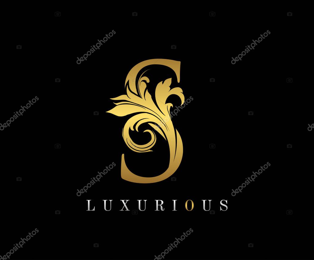 Golden Elegant letter S. Graceful royal style. Calligraphic beautiful logo. Vintage drawn emblem for book design, weeding card, brand name, business card, Restaurant, Boutique, Hotel.