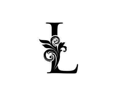 Klasik L harfi logosu. L Harfi Tasarım Vektörü Siyah Renkli ve Çiçekli El Çizimi.
