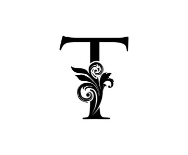 Klasik Harf T logosu. Siyah Renkli ve Çiçekli T Harfi Tasarım Vektörü.