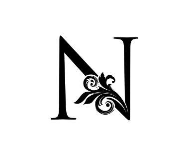 Vintage Harf N Logosu. Siyah Renkli ve Çiçekli Harf Tasarım Vektörü.
