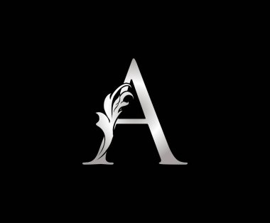 Lüks Mektup A Logo Gümüş Simge Vektörü, Klasik Tasarım Konsepti Harfli Yaprak.