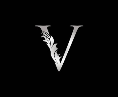 Lüks Mektup V Logo Gümüş Simge Vektörü, Klasik Tasarım Konsepti Harfli Yaprak.